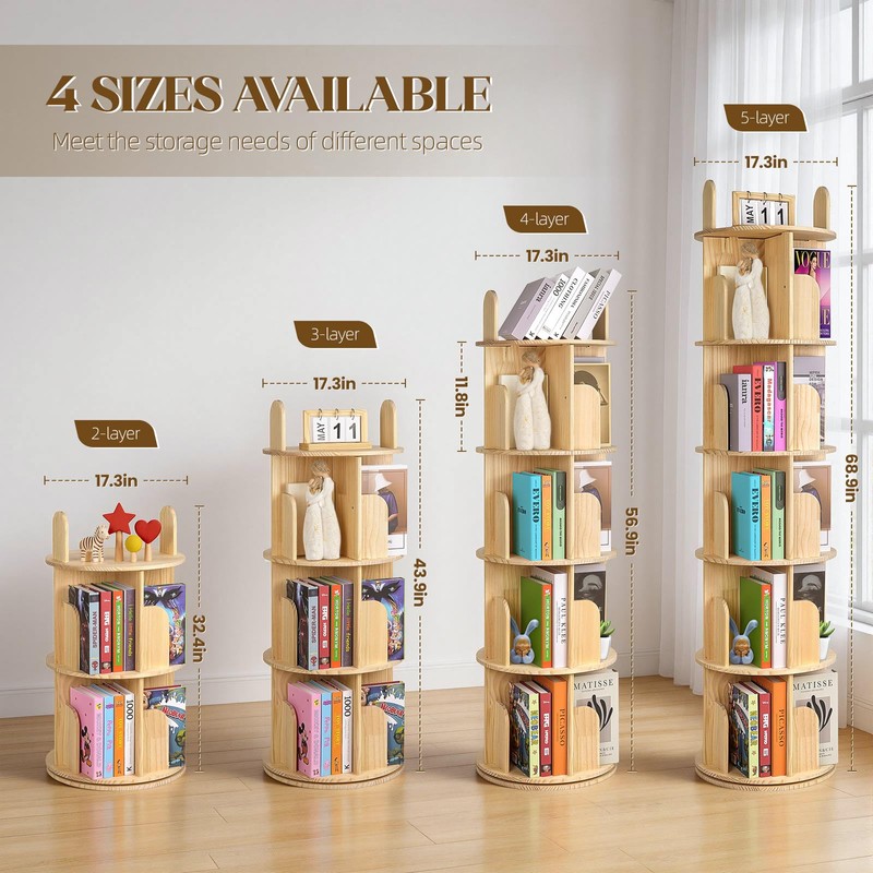 Kryonix Rotating Bookshelf for Kids, Solid Pine Wood Spinning Bookshelf