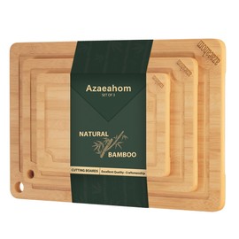 Azaeahom Bamboo Cutting Boards for kitchen Set of 3, Wood Cutting Board Set with Juice Grooves & Built-in Handles, Chopping Board for Meat, Vegetables