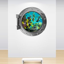60 Second Makeover Limited Full Colour Aquarium Fish Tank Porthole Decal Under the Sea Silver Ocean Marine Wall Sticker Kids Bedroom Decoration