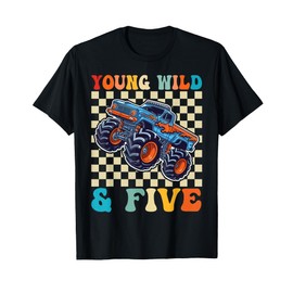 Kids 5th Birthday Monster Truck Young Wild and Five 5 Year T-Shirt