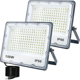 150W LED Flood Lights Plug in, Outdoor Security Lighting Fixtures 3000K 15000LM Warm White Illumination, IP66 Waterproof Projects for Garage, Warehouse, Pathway, Yard（2 Pack ）