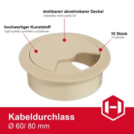 Gedotec Cable grommet desk made of sturdy ABS plastic, pack of 10 round cable passages, 80 mm, entry, cable box, beige matt, cable guide for push-in, cable duct desk