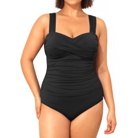 Yonique Plus Size One Piece Swimsuit for Women Tummy Control Bathing Suit Ruched Swimwear Black 18W