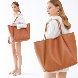 Oversize Pu Leather Tote Women Weekender Bag Shopper Handbag Travel Purse (Orange-brown)