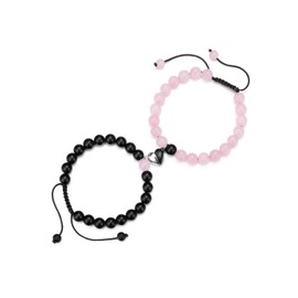 Jovivi 2 Pcs Matching Heart Couples Bracelets 8mm Natural Rose Quartz Matte Agate Stone Beads Healing Crystals Bracelet Adjustable for His and Her Jewelry Lovers Gifts