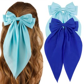 ATODEN Silky Satin Blue Hair Bow 2 Pcs Big Hair Bows for Women Hair Ribbons Oversized Long Tail Bow Hair Clips Large Hair Ribbon Barrettes Metal Clips Bowknot Aesthetic Girls Hair Accessories