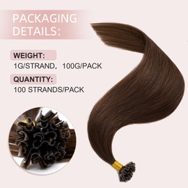 Silk-co U tip Hair 100 Strands Pre Bonded Hair Extensions 100% Real Remy Human Hair 18inch 100g Keratin Nail Fusion Nail Tip Straight #04 Medium Brown