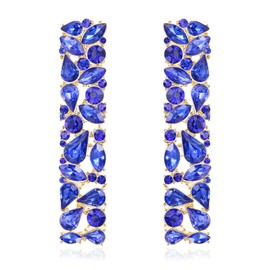 Flyonce Rhinestone Geometric Rectangle Dangle Earrings, Sparkly Crystal Statement Square Drop long Dangling Boho Jewelry Blue