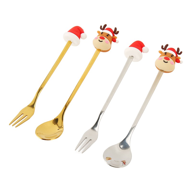 4Pcs Christmas Spoons and Forks Set Stainless Steel Cartoon Funny