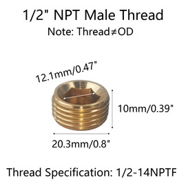 AUXBC 12PCS 1/2" NPT Male Plug Fitting Set, Brass Hex Counter Sunk Plugs, Internal Hex Socket Thread Pipe Plug for Closing the End of Pipe