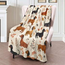 ICAAV Dachshund Dog Lover Blanket 50×60 Inch,Cute Illustrated Style Fall Leaves Puppy Flannel Throw with Warm Cream Background,Cartoon Animal Home Retro Decor,Gifts for Women, Adults,Pet Fans