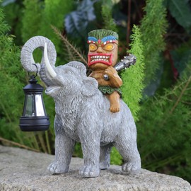 Yiosax Solar Tiki Statue-Outdoor Statues-Tiki Bar Decor-Solar Powered Light Garden Figurine Tiki Decoration for Bar,Patio,Balcony,Yard,Lawn,Table,Riding A Elephant 9.09 Inches Tall