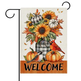 Dyrenson Welcome Fall Sunflower Pumpkin Decorative Garden Flag, Autumn Thanksgiving Plaid Mason Jar Birds Yard Outside Home Decoration, Farmhouse Cardinal Burlap Outdoor Small Decor Double Sided 12x18