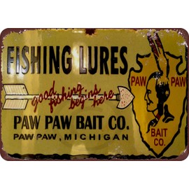 HomDeo Novelty Retro Barber Shop Decor Art Metal Signs Vintage Farm Paw Paw Bait Co. Fishing Lures Tin Sign 8 x 12 Inches Basement Wine Cellar