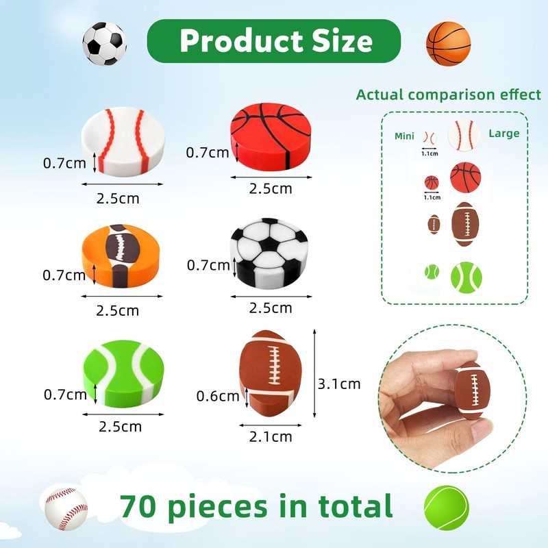 ZAKVOOR 70 Pcs Sport Ball Pencil Erasers Bulk for Gift