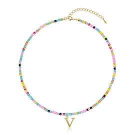 Yifnny Colourful Pearl Necklace with Letters, Cute Necklace Gold Initial Pendant Necklace Bohemian Initial Necklace Colourful Pearl Necklace Beach Jewellery for Women, Stainless Steel, No Gemstone