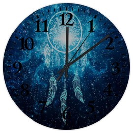 Wood Wall Clocks Non-Ticking Sweep Movement Boho Moon Dream Catcher Feather Custom Wall Clocks Fantastic Artwork Nebula Galaxy Wall Decor for New Home Bathroom Children's Room 10 Inch