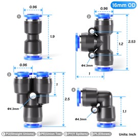 TAILONZ PNEUMATIC 16mm od Push to Connect Fittings Pneumatic Fittings Kit 5 Spliters+5 Elbows+5 tee+5 Straight (20 pcs)