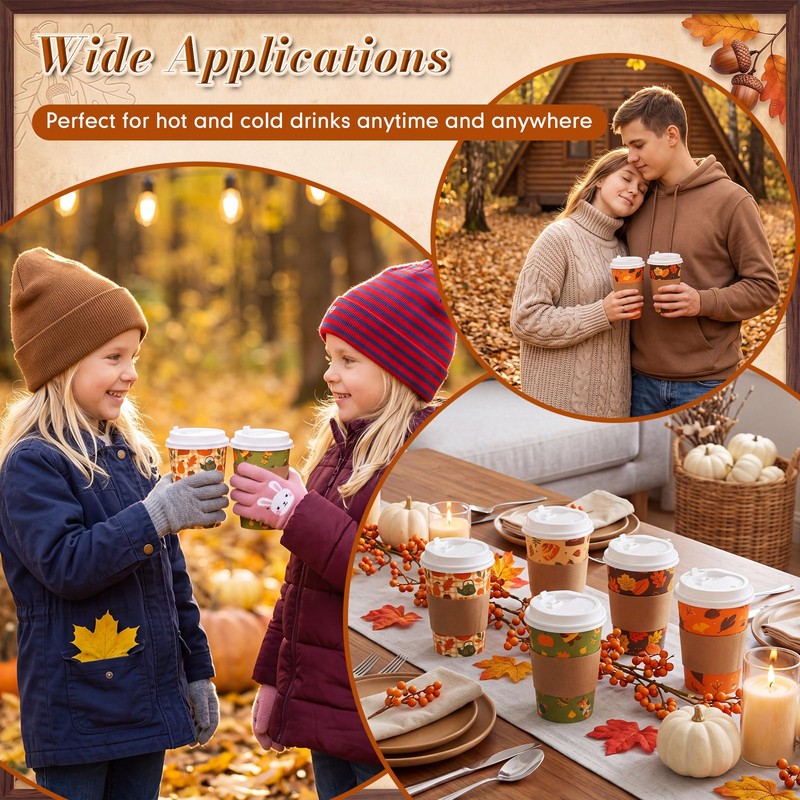 100 Pcs 12oz Fall Thanksgiving Coffee Cup with Lid and