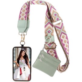 RETZLA Clip and Go Strap for Phone with Wallet Crossbody, Phone Strap with Zippered Wallet, Adjustable Anti Theft Cellphone Lanyard for Women, Cellphone Chain Accessories Green (Green)
