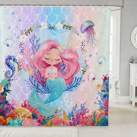 Manfei Mermaid Shower Curtains Colorful Coral Marine Waterproof Bath Curtains with 12 Hooks Suits for Bathtub, Watercolor Fish Scale Bathroom Curtains for Kid Boy Girls Room Decor, 72" W x 72" L