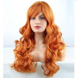 RightOn Orange Wig Long Curly Orange Wig with Bangs for Women Daily Party Hairnet Include