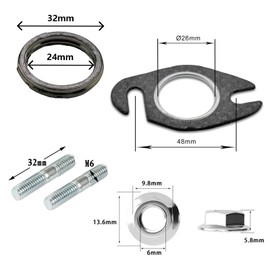 Bamyli Exhaust Gasket and Exhaust Stud Bolt, Manifold Seal Set, 50 cc 2T Scooter Single Cylinder Exhaust 25 mm 2 Open Holes Axle Distance 48 mm for Yamaha Aerox Mach-G Jog-R Bw's Nitro