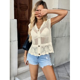 YELAIVP Crochet Tops for Women Summer Knit Sweater Vest Tops Resort Wear for Women Coastal Outfits Boho Vest
