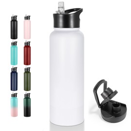 VEGOND 40 oz Insulated Water Bottle Stainless Steel Metal Water Bottles with Leak Proof Straw Lid & Spout Lid, Wide Mouth Double Walled Vacuum Travel Sports Bottle, White