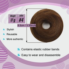 Human Hair Bun Messy Bun Straight Hairpiece 100% Real Human Hair with Elastic Rubber Band for Women Bun Extensions (#4 Medium Brown)