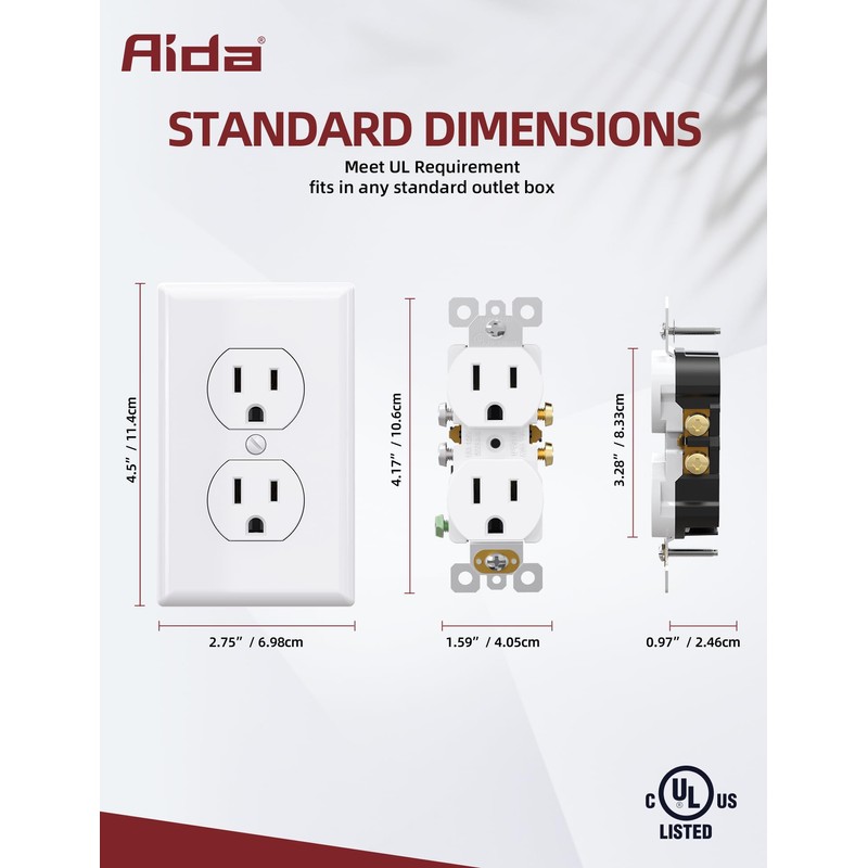 AIDA Outlet White Duplex Receptacle with Wall Plate, Electrical Outlet