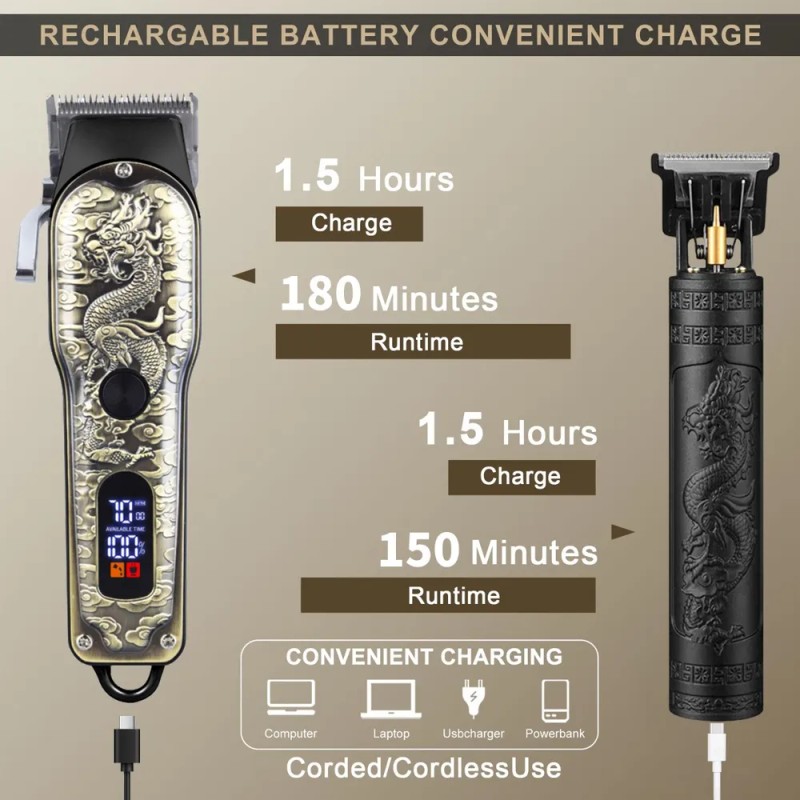 Kit 2 Cortapelos Led Usb-c Para Cabello Y Barba Negro
