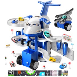 TEMI Kids Airplane Boy Toys for 3 4 5 Year Old Boys - Car Race Tracks for Kids Ages 3-5 with 8 Small Car Toys, Toddlers Educational Toy, Birthday Gifts for Boys 3-5, Birthday Gifts for Boys Girls 3-5