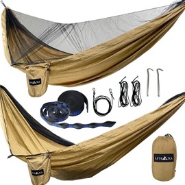 LUHANA Solo Camping Hammock with Mosquito Net, Lightweight, Load Capacity 661.1 lbs (300 kg), Belt Length 66.8 ft (3 m), Installation Range (Sand Beige)