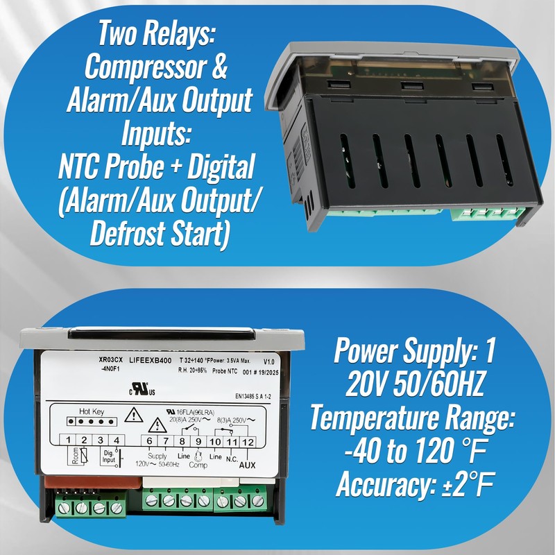 Replacement for Dixell XR03CX-4N0F1 Temperature Controllers, Ideal for 120V 50-60hz