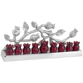 Ner Mitzvah Aluminum Candle Menorah - Silverstone Red Pomegranates - Modern Decorative Menorah for Chanukah - Fits All Standard Chanukah Candles - Pomegranate Tree