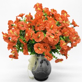 Artificial Flowers for Outdoor Spring Summer Decoration Fake Plastic Flower Plant, Faux Colorful Silk Morning Glory Eucalyptus Greenery Shrubs for Outside Garden Porch Front Door Decor Orange 8 Pack