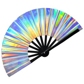 dmjuncong Folding Hand Rave Fan,Clack Handheld Fan,Holographic Laser Colors Hand Fan,for Festivals,Rainbow Outfits,Disco Party,Home Decoration and Cooling in Various Occasions.Medium 11 inches.