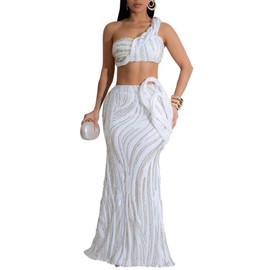 Weafmlia Women's Irregular Ruffle Long Skirt 2 PCS Outfits Sleeveless Wrap Front Crop Top Bodycon Mermaid Skirt Set White S