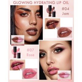 Lip Glow Oil-2 Color Brown Pink Glow Reviver Lip Care Oil,Hydrating Tinted Lip Oil For A High-shine Finish,Nourishing Lip Plumping Gloss,Glossier Glow Beauty Lipgloss,Makeup Gift for Women-04+07