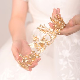 Wekicici Gold Crowns Wedding Tiaras Vintage Leaf Pearl Flower Headband Pageant Crown for Prom Pageants Birthday Party Valentines Costume for Women Girl(Gold)