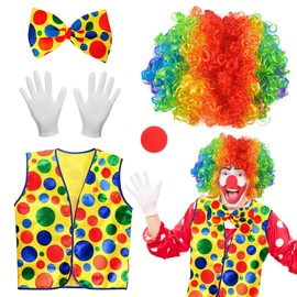 XLZJYIJ Pack of 5 Clown Costume Accessories, Clown Costume Set, Clown Clothing + Clown Curl Wig + Clown Nose + Colourful Tie + Gloves, Clown Costume Adult Set for Carnival Circus Props