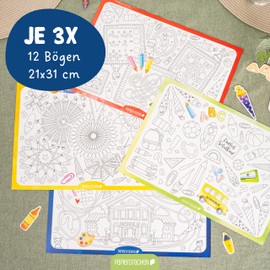 Papierdrachen Ausmal – Place Mats for First Day of School – 12 Sheets with 4 Different Designs – Made of High-Quality Paper – Watercolour – Set 1