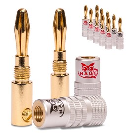 NAUC Banana Plugs for Speaker Cable - Set of 12 Plugs - Connectors 24K Gold-Plated Screwable - for HiFi Receiver Amplifier