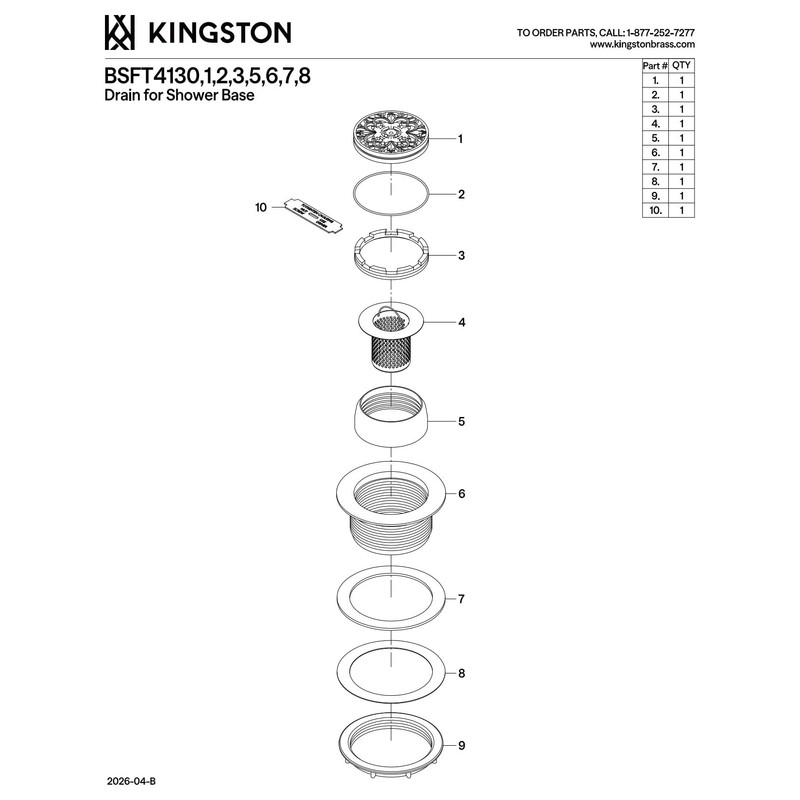 Kingston Brass BSFT4135 Watercourse 4-1/4" Round Brass Shower Base Drain,