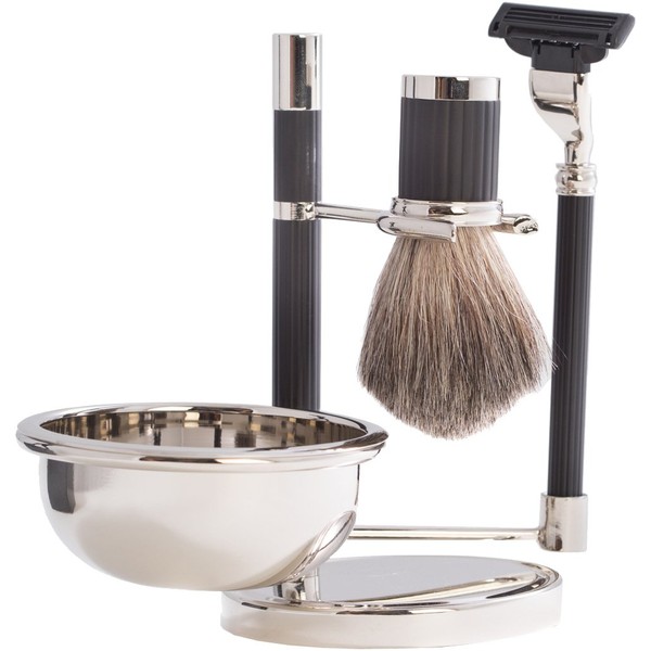 "Mach 3" Razor & Pure Badger Brush with Soap Dish on Chrome Black Stand.