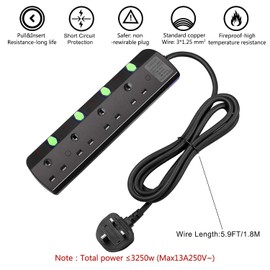 TISDLIP Extension Lead with Switch 4 Gang 1.8 Metre Black Power Strips Wall Mountable
