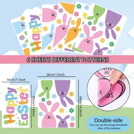 Whaline 6 Sheets Happy Easter Window Clings Cute Cartoon Bunny Rabbit Floral Reusable Window Decals for Home School Office Spring Party Supplies