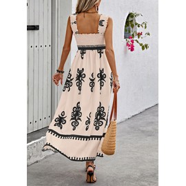 PRETTYGARDEN Womens Summer Boho Maxi Dress 2025 Casual Sleeveless Square Neck Floral Aline Smocked Beach Dresses with Pockets (Floral Apricot Black,Medium)