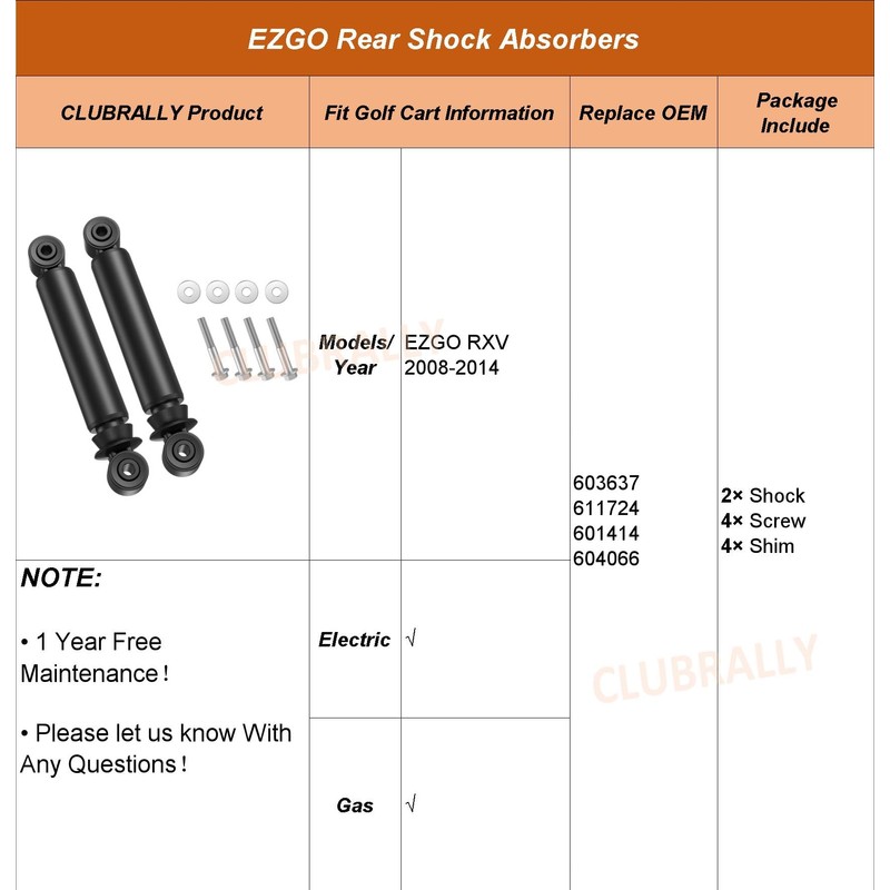 CLUBRALLY Golf Cart Rear Shock Absorbers, RXV Rear Shocks for